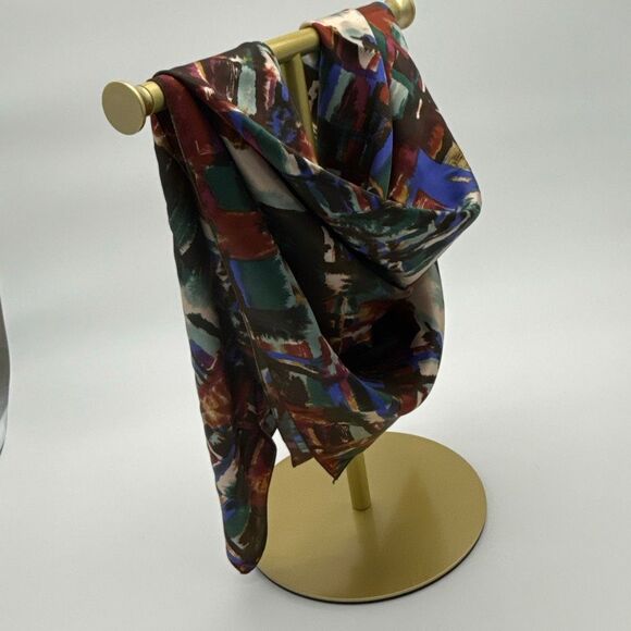 Vintage 80s Mademoiselle Large Square Satin Scarf 31x30 Abstract Green Red Cobal - Picture 3 of 11